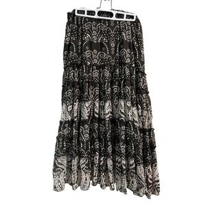 Lola P Black White Maxi Skirt Tiered Floral Medallion Smocked Large